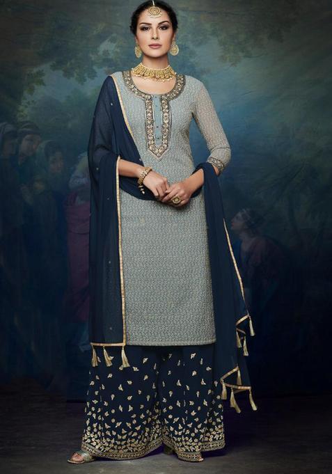 Grey Embroidery Georgette Kurta Set