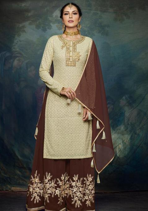 Cream Embroidery Georgette Kurta Set