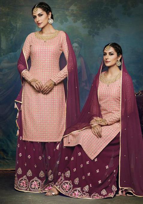 Peach Embroidery Georgette Kurta Set