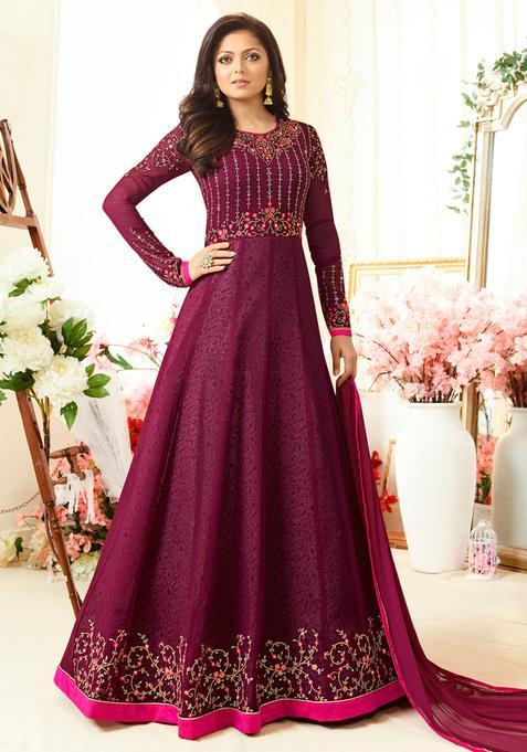 Magenta Zari Work Georgette Kurta Set