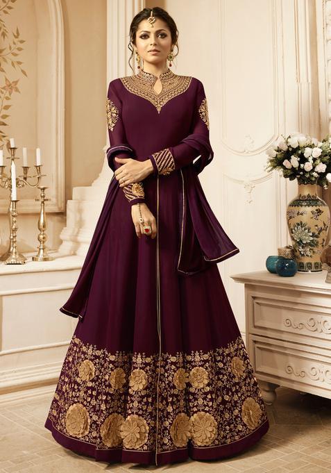 Wine Zari Work Georgette Kurta Set