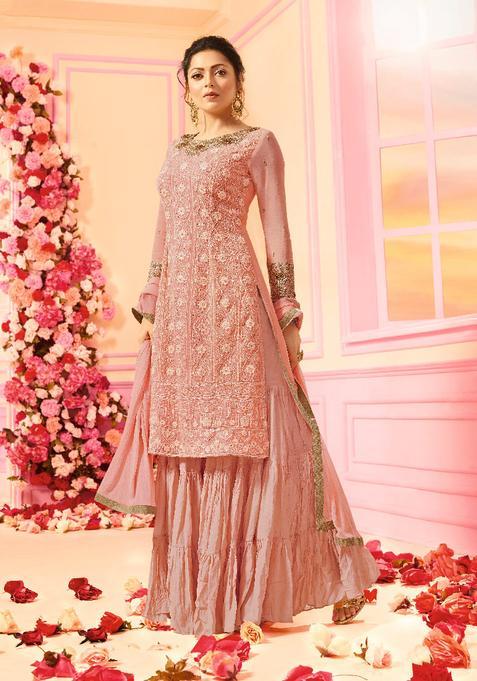 Peach Sequins Embroidery Work Georgette Kurta Set