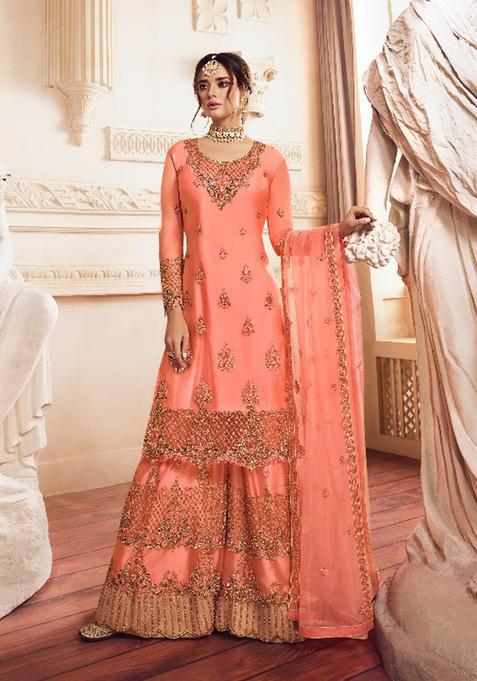 Peach Zari Work Net Kurta Set