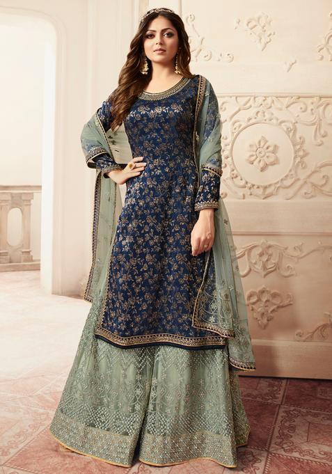 Blue Zari Work Dola Jacquard Kurta Set