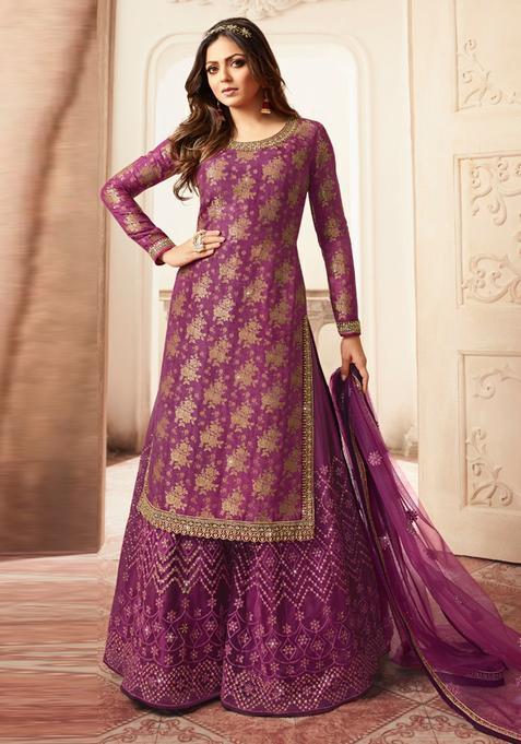 Magenta Zari Work Dola Jacquard Kurta Set