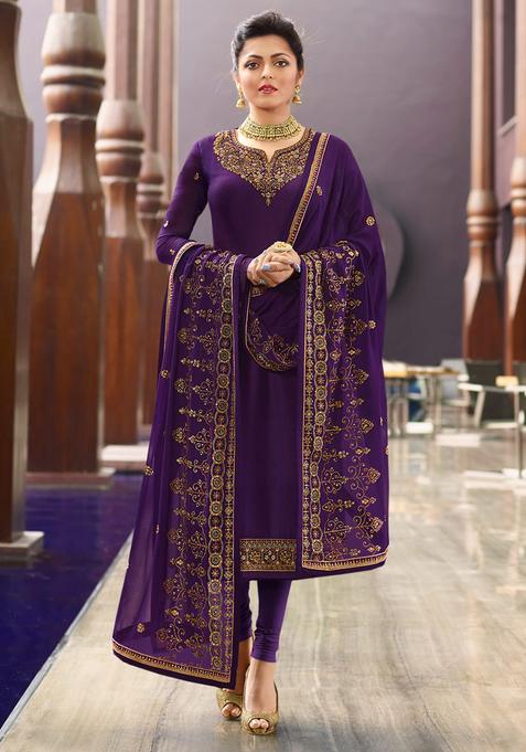 Purple Zari Work Silk Kurta Set