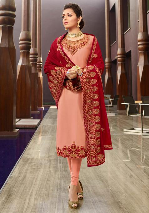 Peach Zari Work Silk Kurta Set