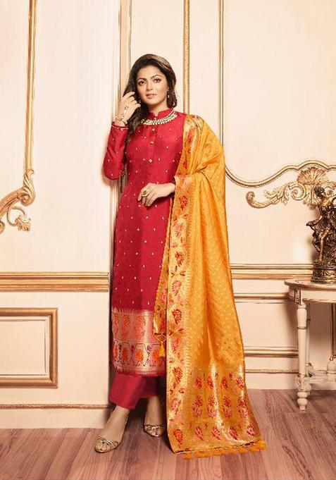 Red Gota Work Silk Kurta Set