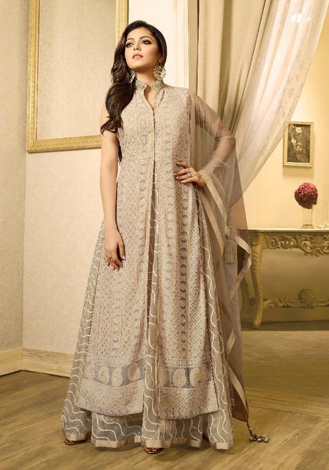Beige Embroidery Georgette Kurta Set