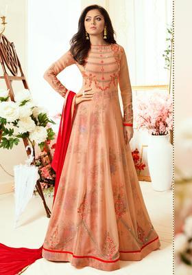 Peach Digital Print Georgette Kurta Set