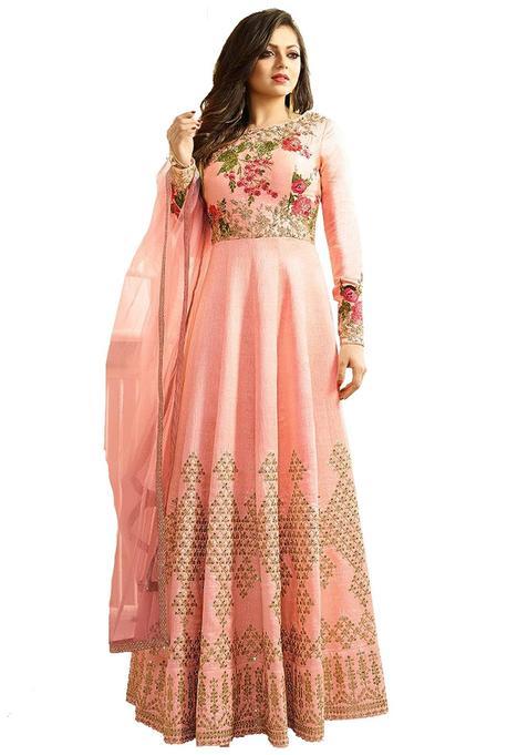 Peach Sequins Embroidery Work Silk Kurta Set