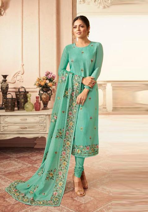 Mint Blue Zari Work Silk Kurta Set