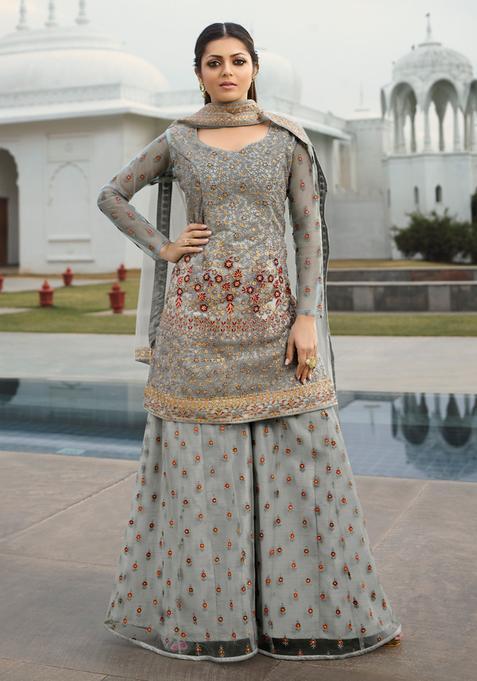 Grey Zari Work Net Kurta Set