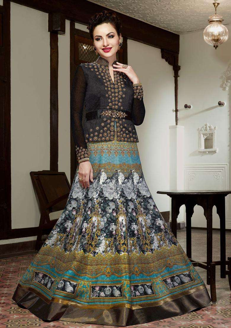 Turquoise Digital Print Silk Kurta Set - Indya