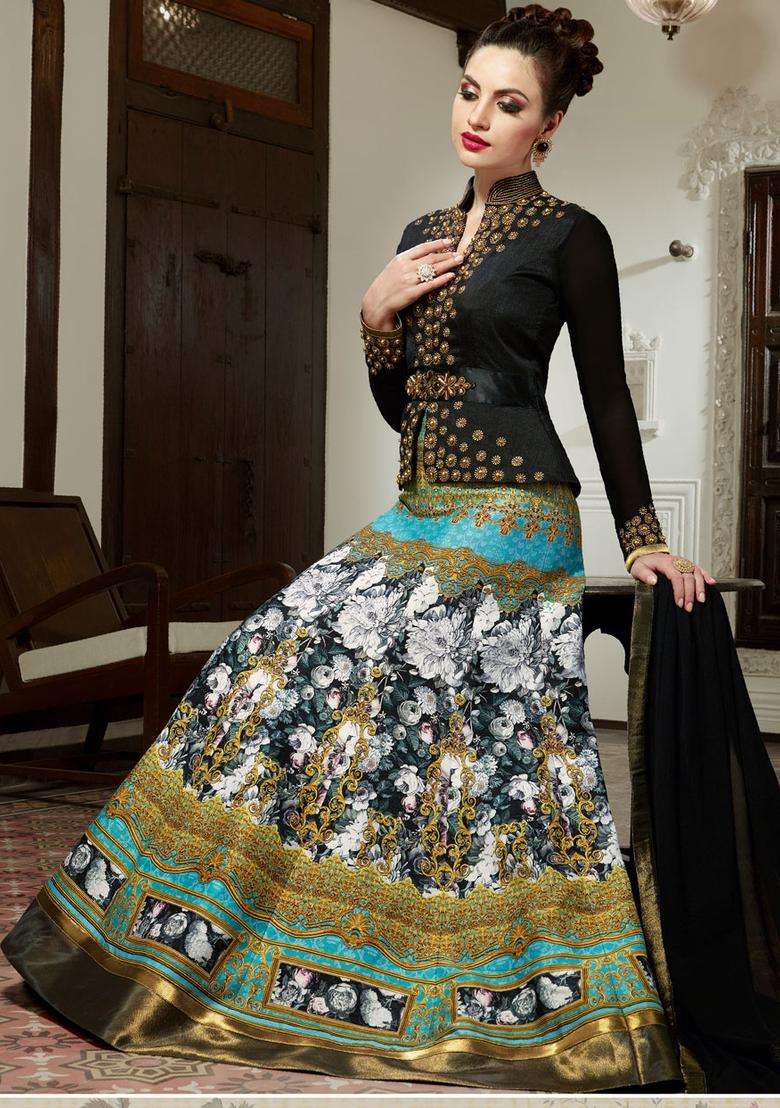Turquoise Digital Print Silk Kurta Set - Indya