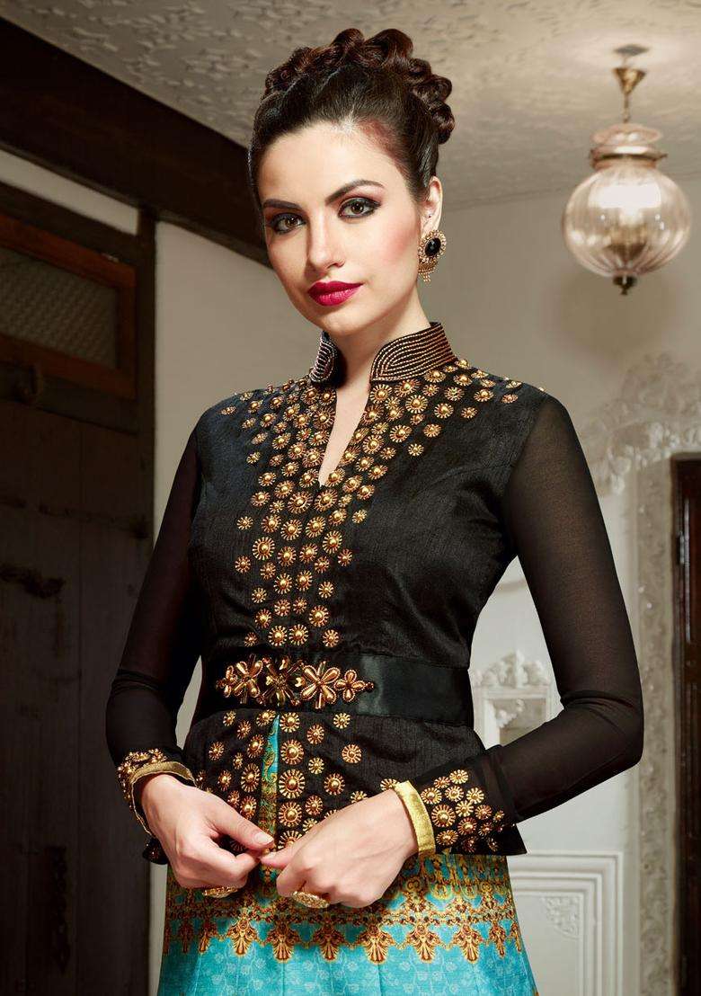 Turquoise Digital Print Silk Kurta Set - Indya