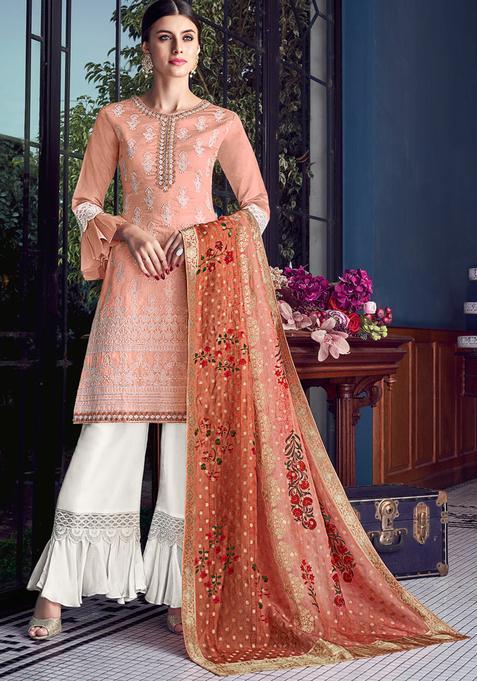 Peach Zari Work Silk Kurta Set