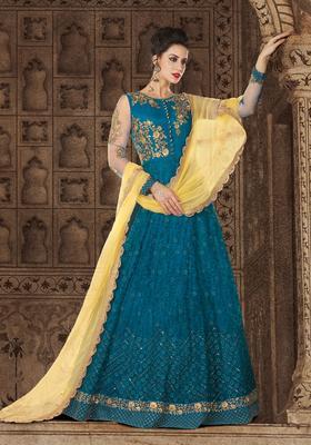 Blue Sequins Embroidery Work Net Kurta Set