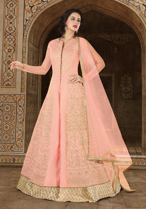 Peach Sequins Embroidery Work Silk Kurta Set