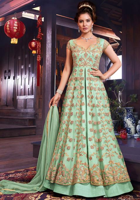 Green Zari Work Net Kurta Set