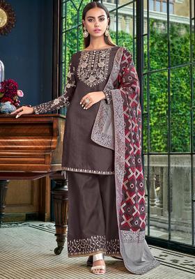 Brown Digital Print Silk Kurta Set