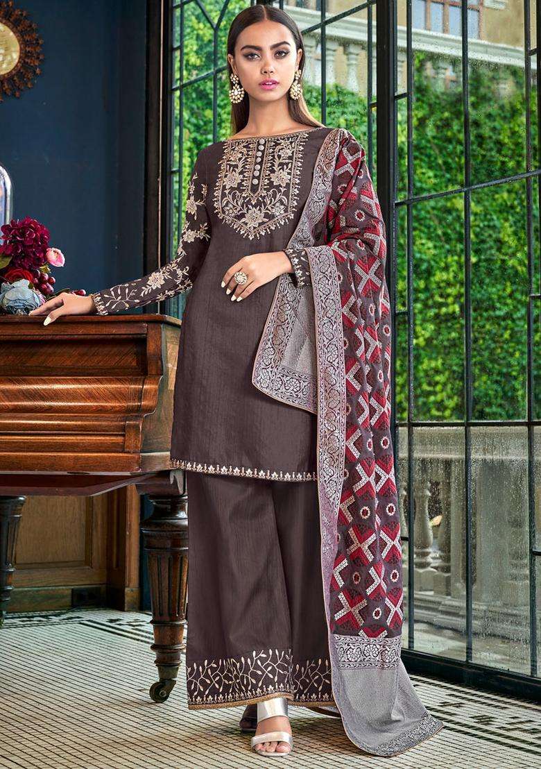 Brown Digital Print Silk Kurta Set - Indya