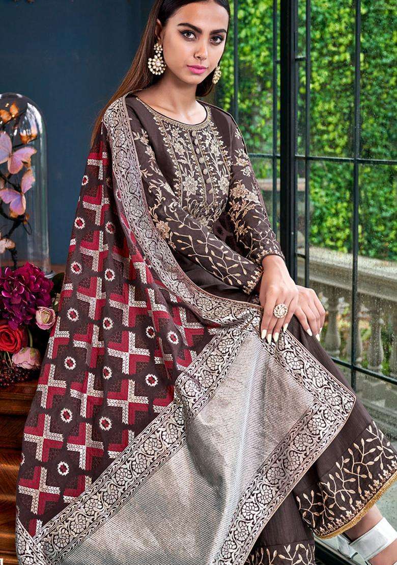 Brown Digital Print Silk Kurta Set - Indya