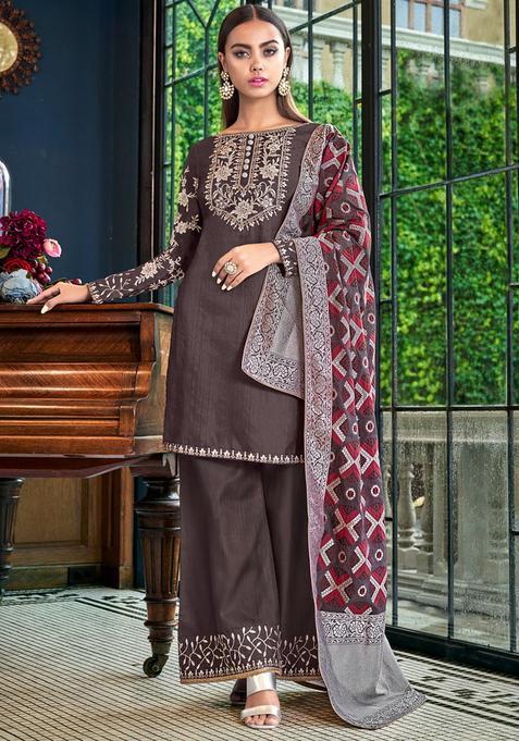 Brown Digital Print Silk Kurta Set