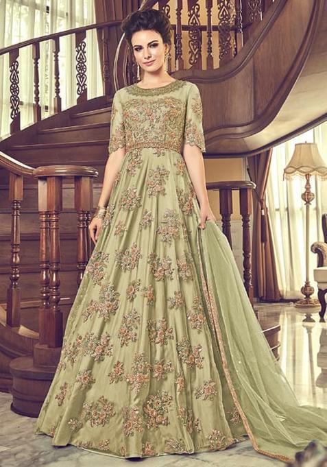 Green Sequins Embroidery Work Net Kurta Set