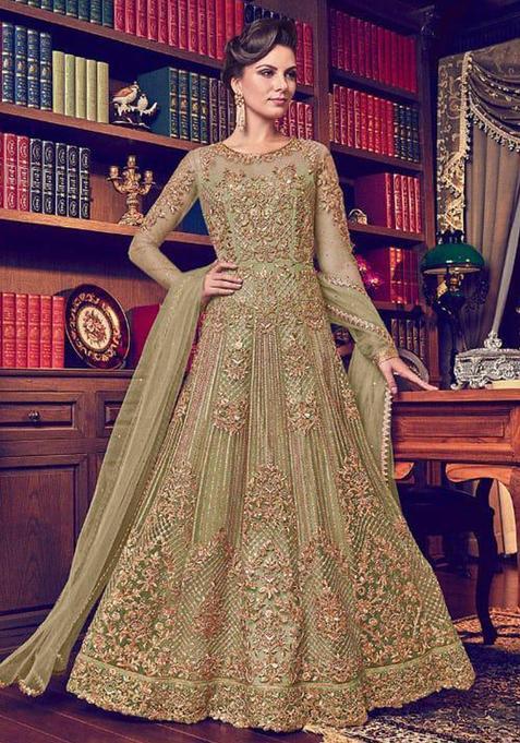 Green Sequins Embroidery Work Net Kurta Set