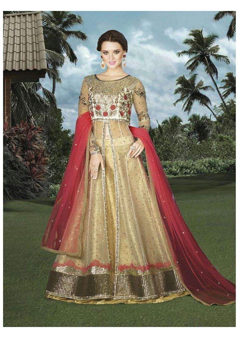 Off White Sequins Embroidery Work Net Kurta Set - Indya