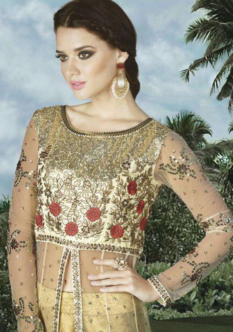 Off White Sequins Embroidery Work Net Kurta Set - Indya