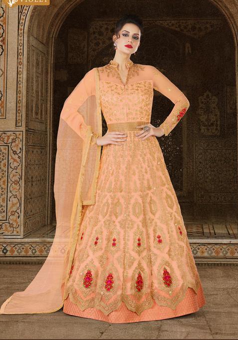 Peach Zari Work Net Kurta Set