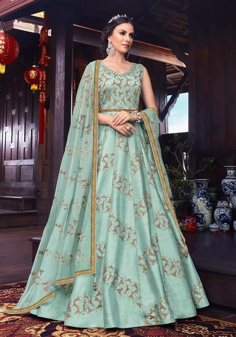 Green Sequins Embroidery Work Silk Kurta Set