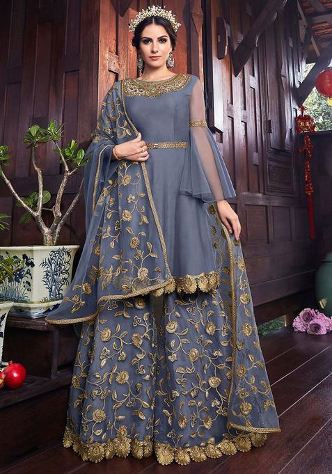 Grey Zari Work Net Kurta Set