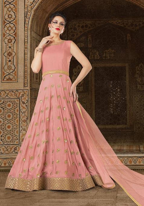 Peach Sequins Embroidery Work Silk Kurta Set