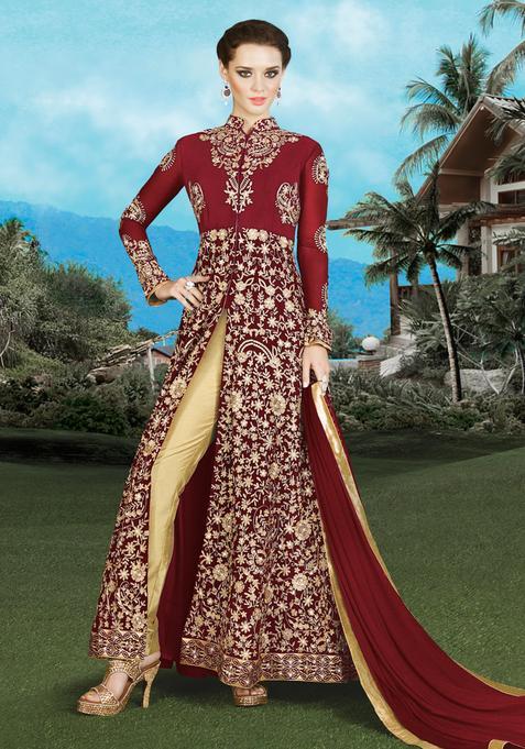maroon Zari Work Georgette Kurta Set