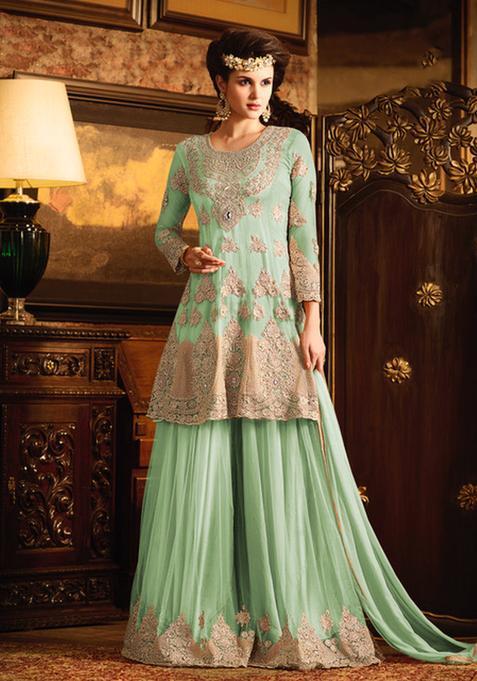Green Embroidery Net Kurta Set