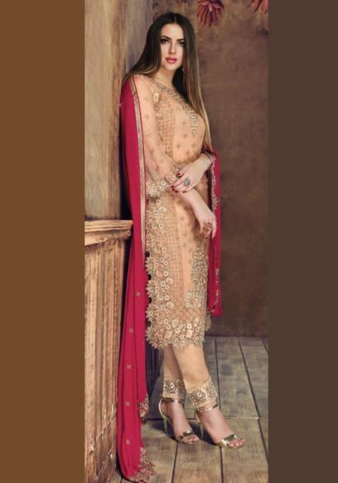 Peach Embroidery Net Kurta Set