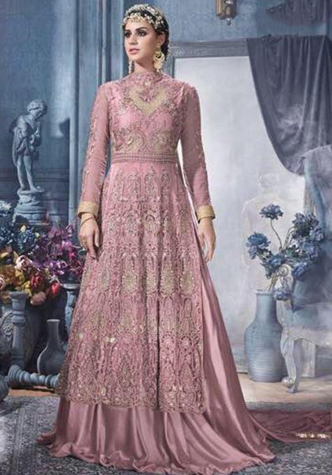 Pink Embroidery Net Kurta Set