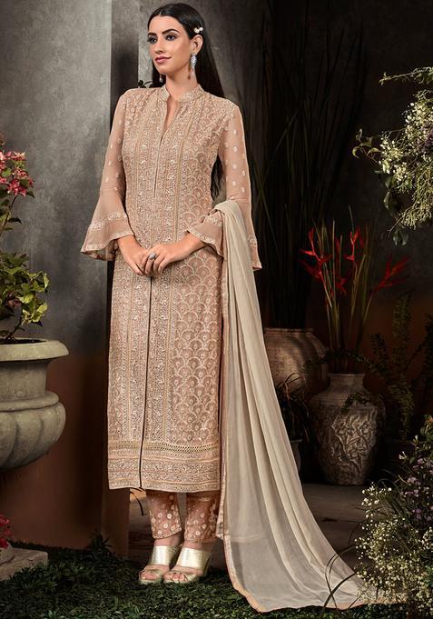 Peach Embroidery Georgette Kurta Set