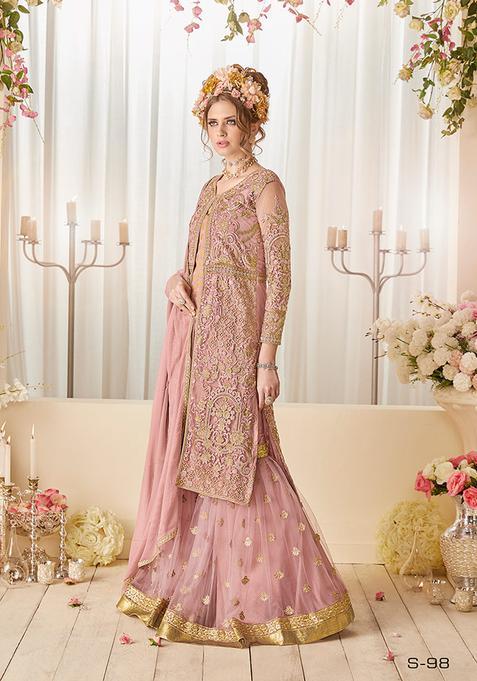 Pink Embroidery Net Kurta Set