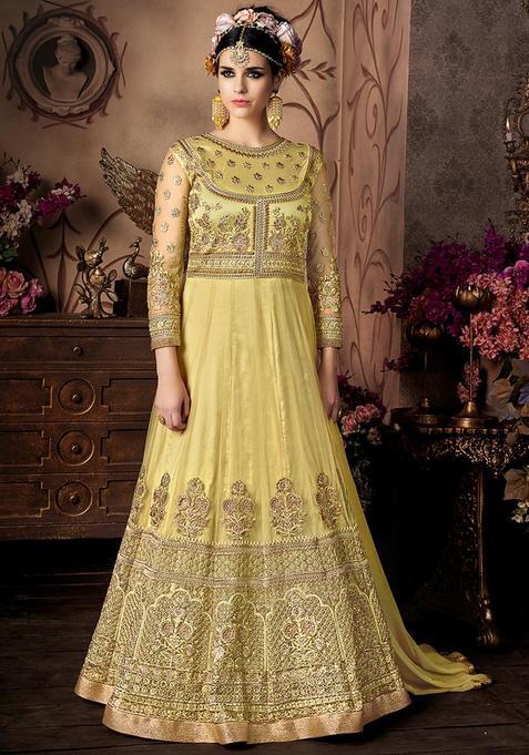 Yellow Embroidery Net Kurta Set