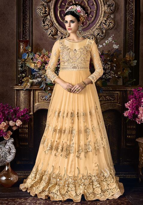 Cream Embroidery Net Kurta Set