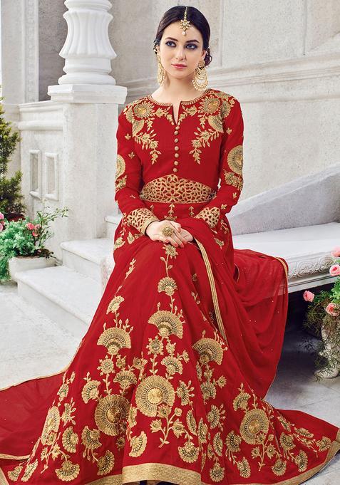 Red Embroidery Silk Kurta Set