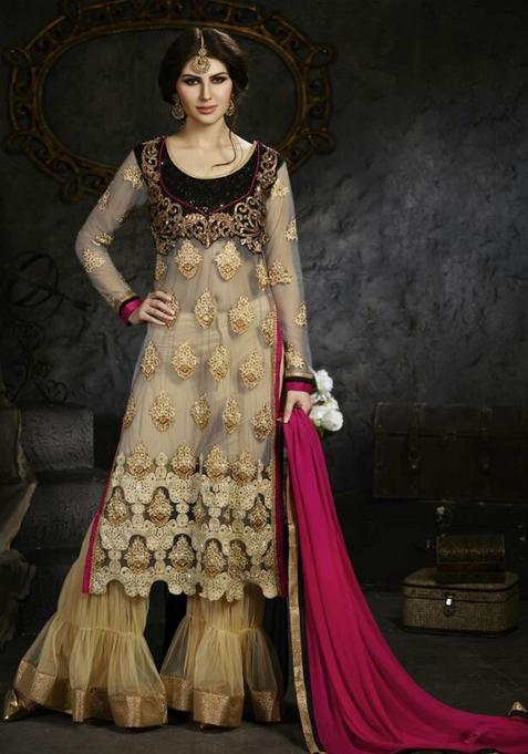 Beige Embroidery Net Kurta Set