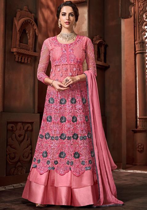 Pink Embroidery Net Kurta Set