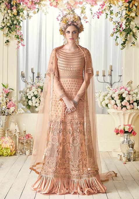 Peach Embroidery Net Kurta Set