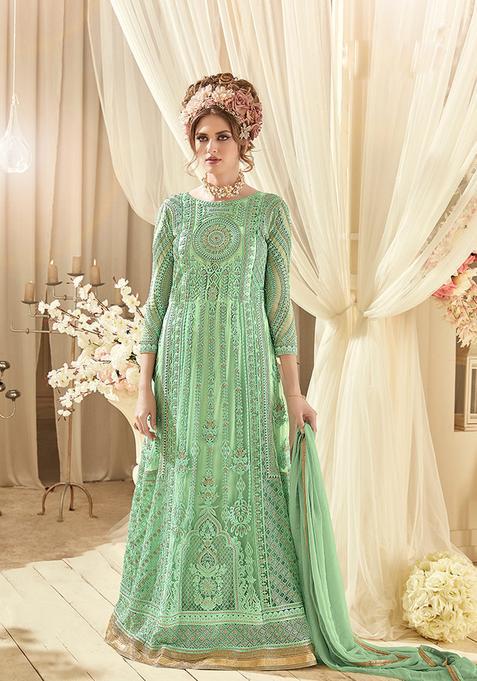 Green Embroidery Net Kurta Set