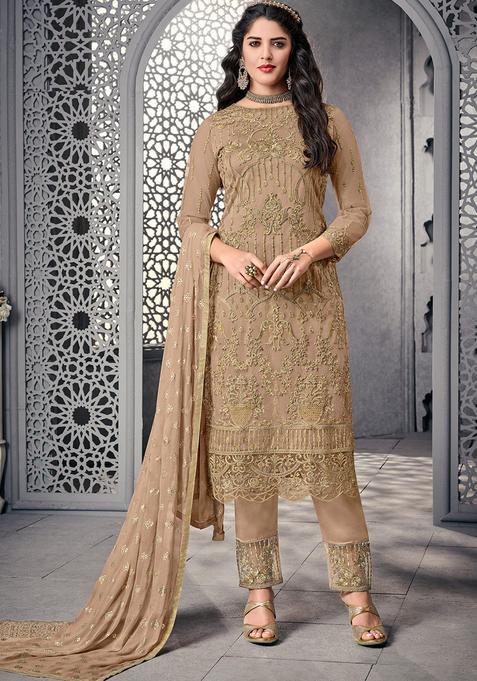 Beige Embroidery Net Kurta Set